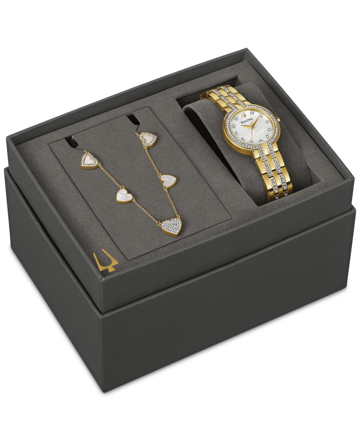 Bulova Womens Gold-Tone Crystal Accent Watch & Heart Necklace Set  98X138 White Product Image