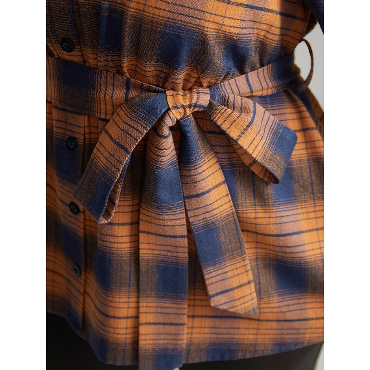 Plus Size Chocolate Plaid Elastic Waist Shirt Collar Blouse Women Elegant Long Sleeve Shirt collar Dailywear Blouses BloomChic 28/5X Product Image