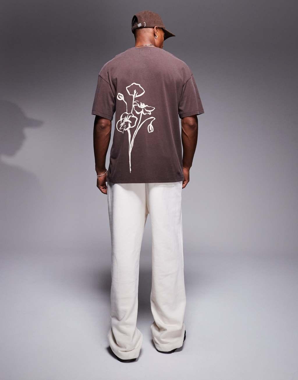 ADPT oversized washed flower back print t-shirt in brown Product Image
