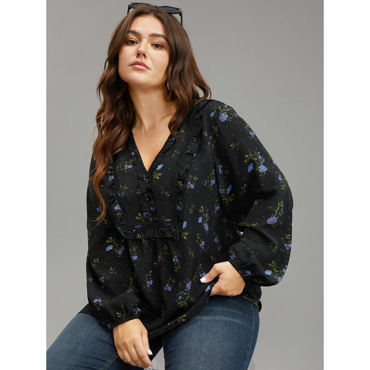 Plus Size Black Ditsy Floral Lantern Sleeve Frill Trim Blouse Women Elegant Long Sleeve V-neck Dailywear Blouses BloomChic 28/5X Product Image