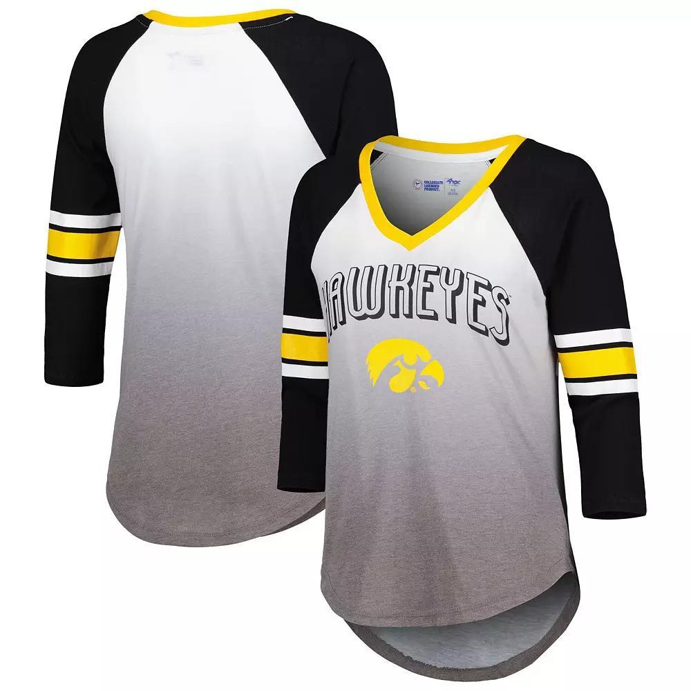 Women's G-III 4Her by Carl Banks White/Black Iowa Hawkeyes Lead Off Ombre Raglan 3/4-Sleeve V-Neck T-Shirt, Size: Small Product Image