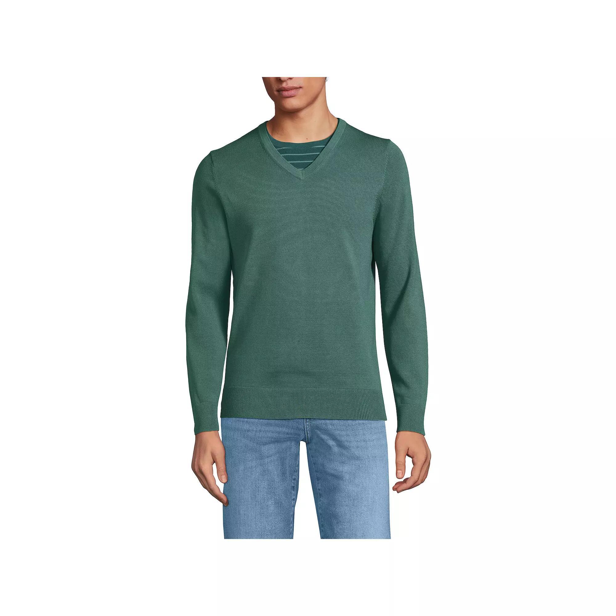 Mens Lands End Fine Gauge Cotton V-Neck Sweater Washed Green Product Image