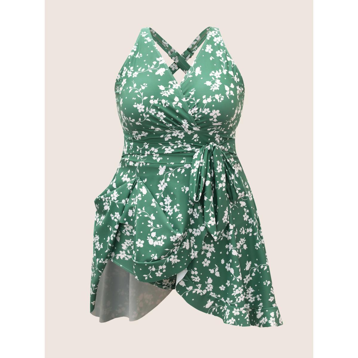 Plus Size Ditsy Floral Overlap Collar Tie Knot Swim Dress Women's Swimwear Palemauve Beach Bodycon Overlap Collar High stretch Curve Swim Dresses BloomChic 18-20/2X Product Image