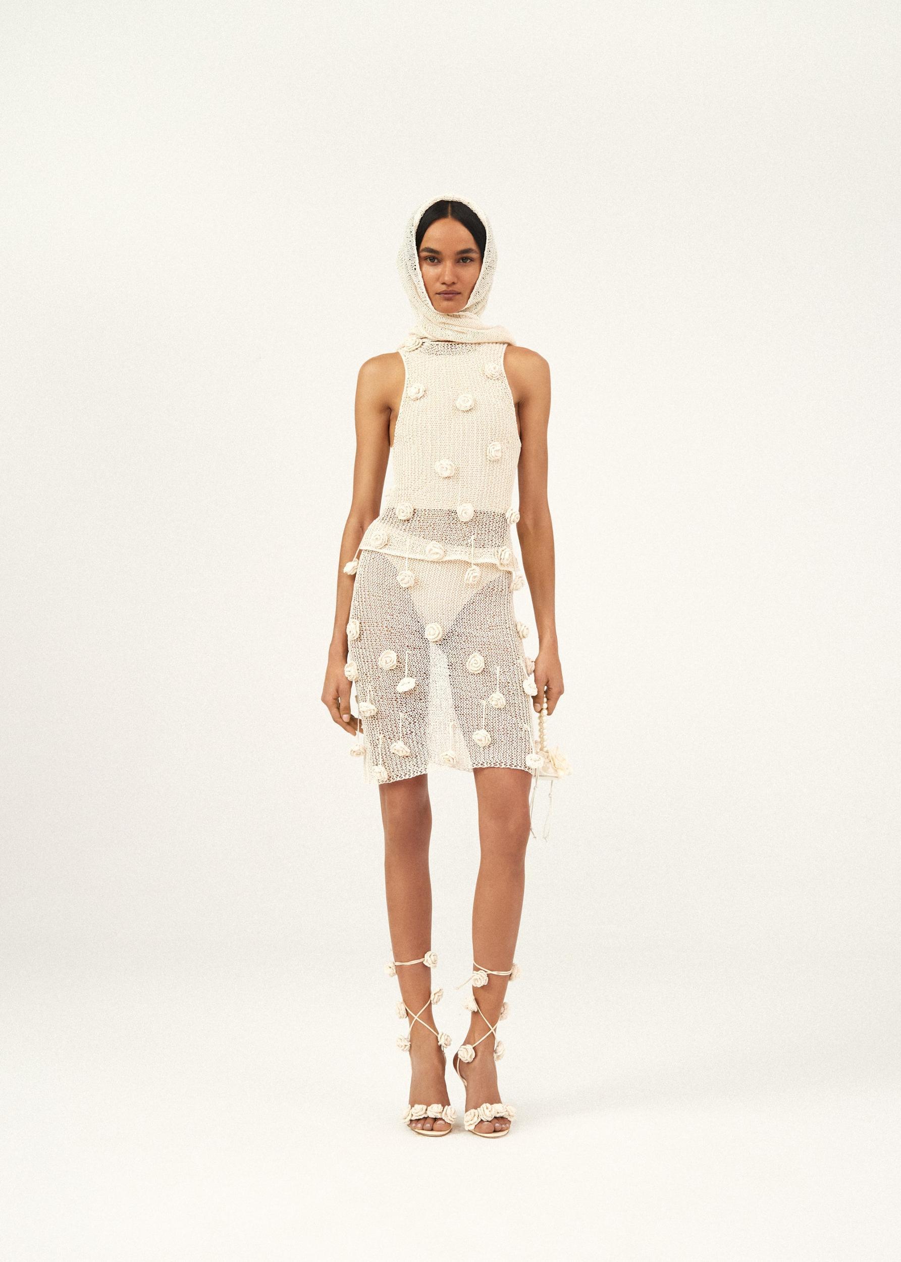 Crochet flower embellished tank top in cream Product Image