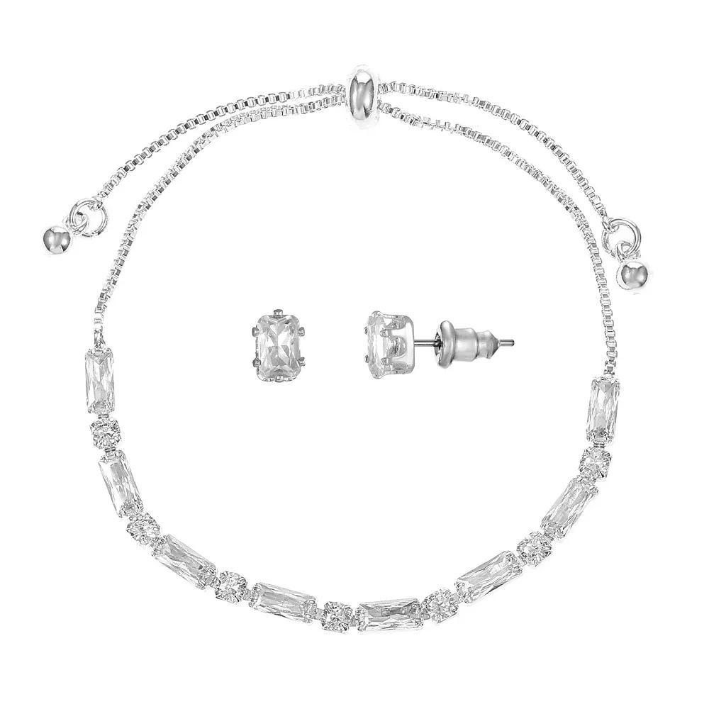 Silver Tone Cubic Zirconia Adjustable Bracelet & Stud Earrings Set, Women's, Size: 4-10" ADJ, Silver Tone Clear Product Image