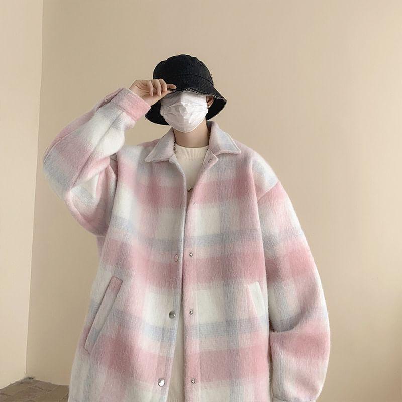 Drop Shoulder Collared Plaid Button Coat Product Image
