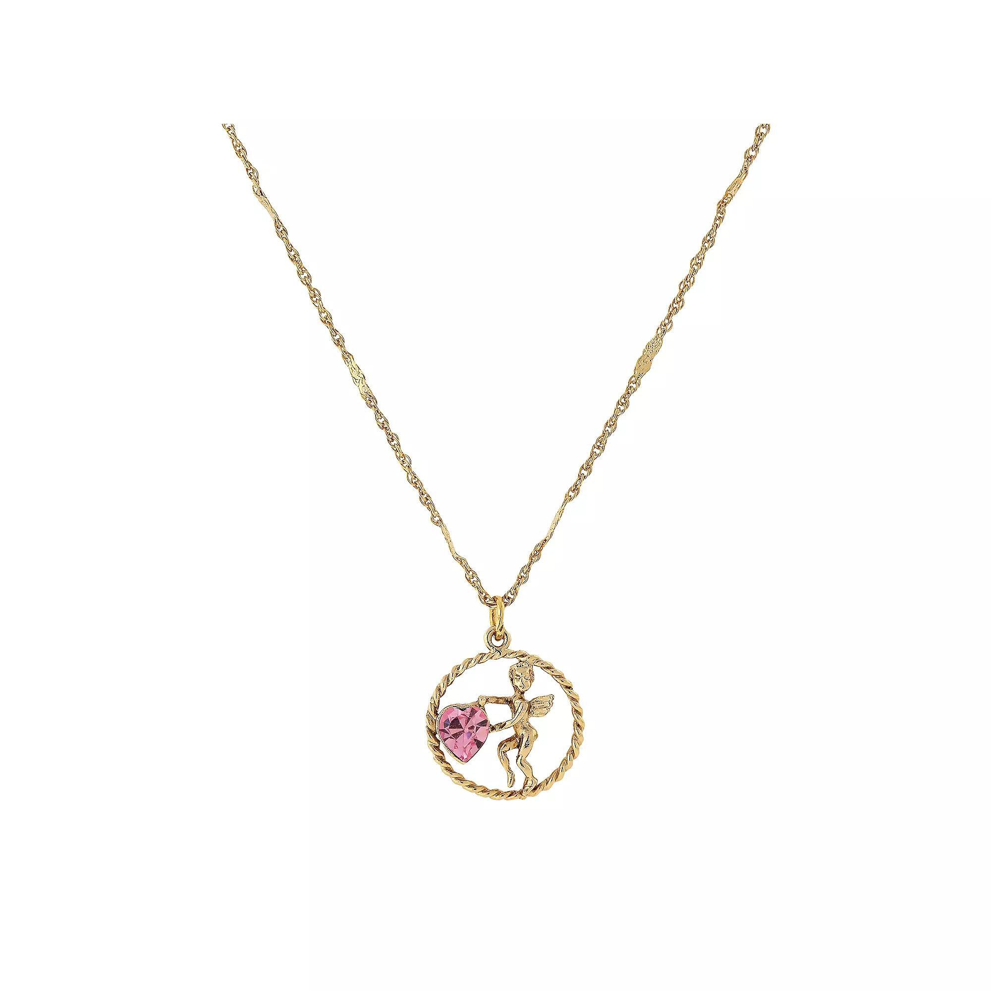 1928 Gold Tone Suspended Cherub Angel and Heart Necklace, Womens, Yellow Product Image