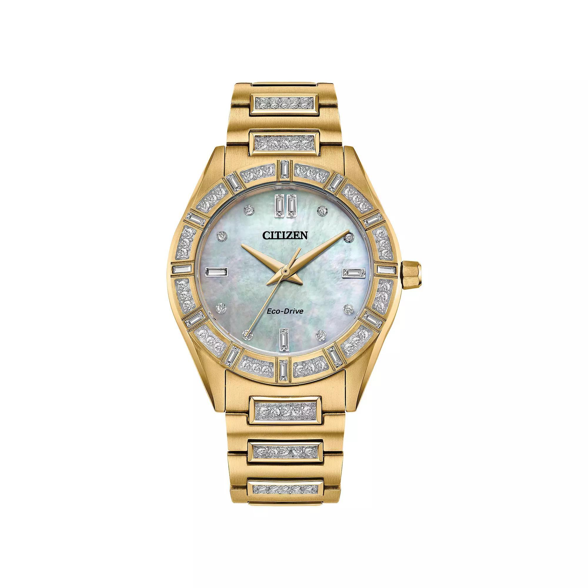 Citizen Eco-Drive Womens Silhouette Gold Tone Stainless Crystal Accent MOP Dial Bracelet Watch - EM1022-51D Product Image