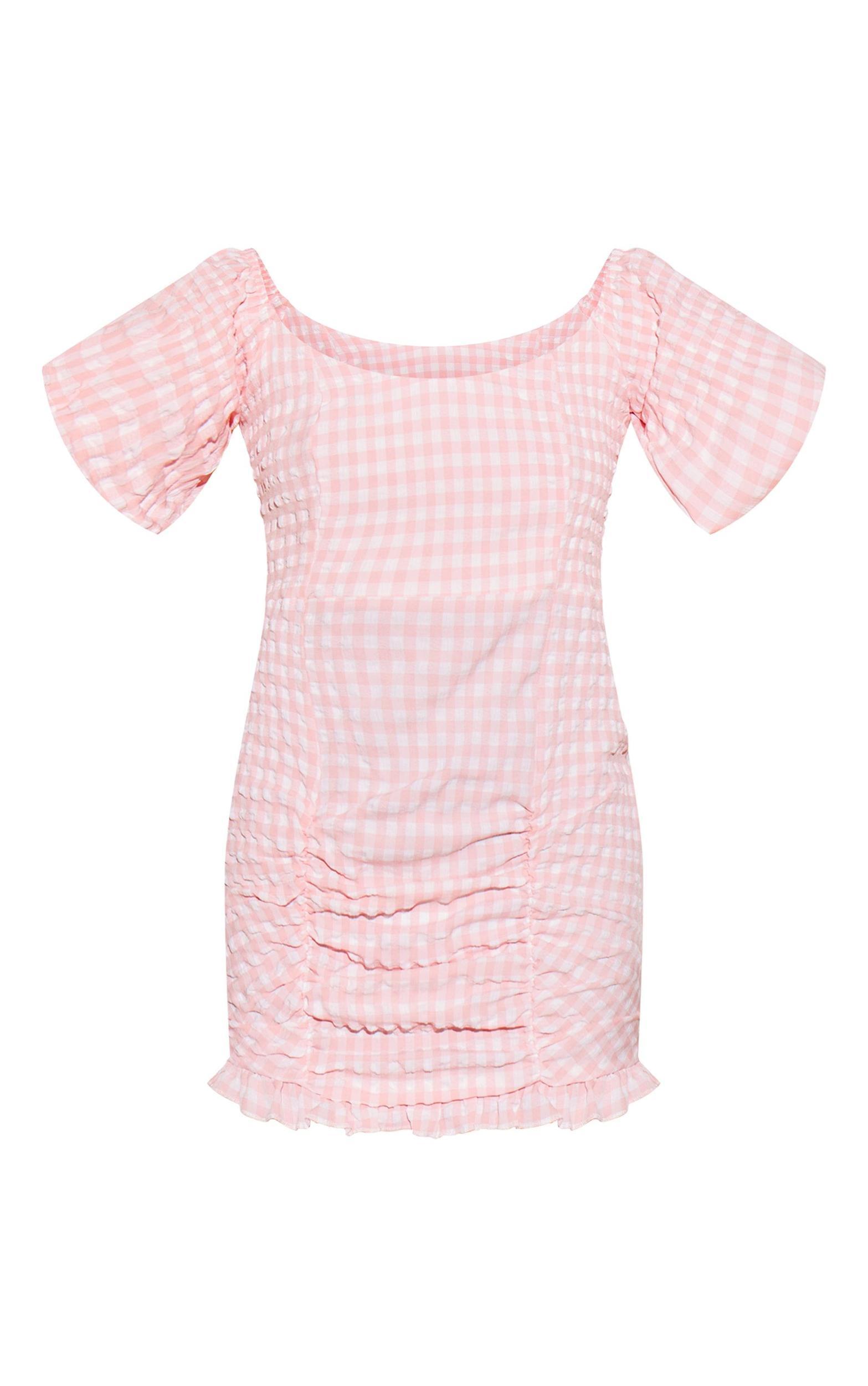 Red Gingham Puff Sleeve Bodycon Dress Product Image