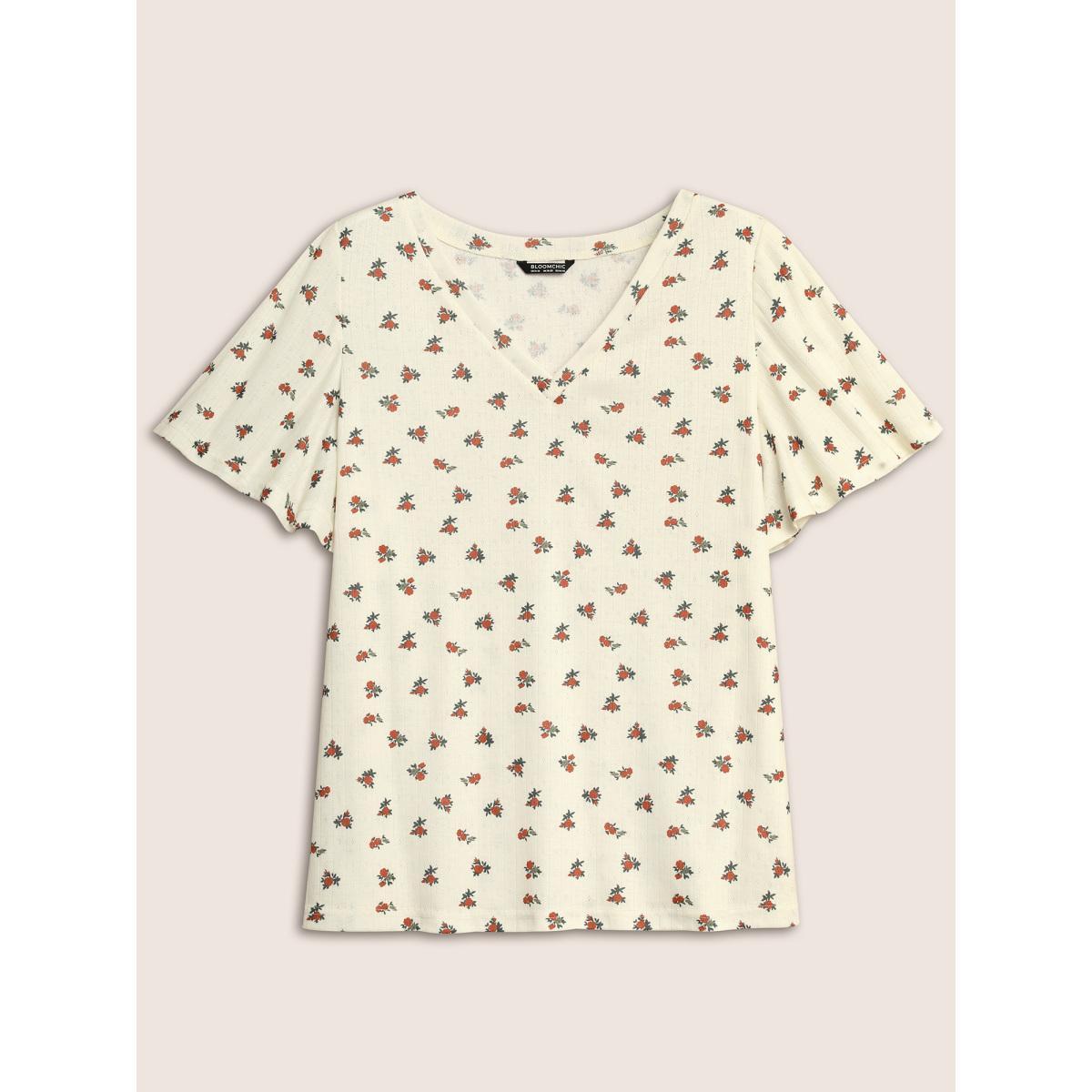 Plus Size Natural Flowers V Neck Flutter Sleeve T-shirt Beige Women Elegant Contrast Natural Flowers V-neck Everyday T-shirts BloomChic 14-16/1X Product Image