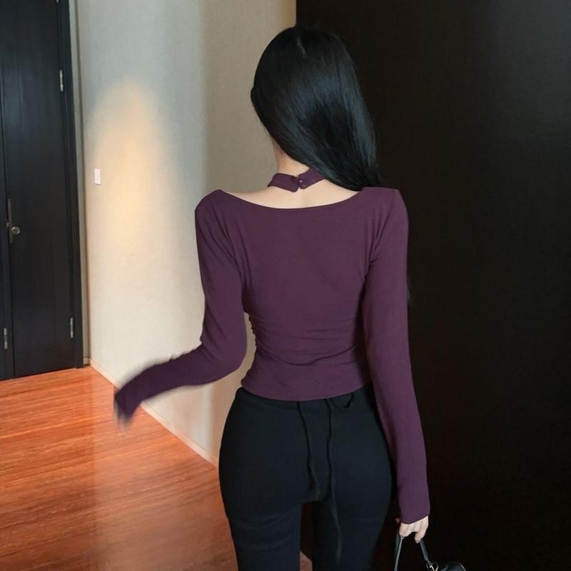 Long Sleeve Halter Plain Ruched Top Product Image