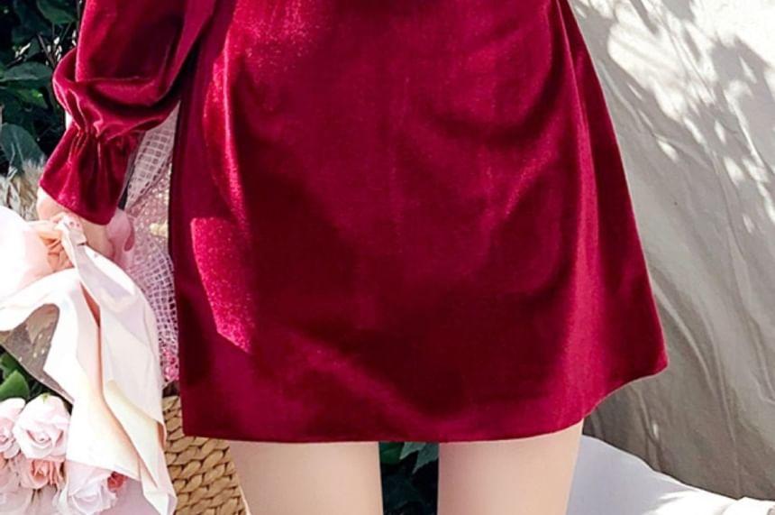 Two-Way Long-Sleeve Velvet Slim-Fit Halter Mini Dress Product Image