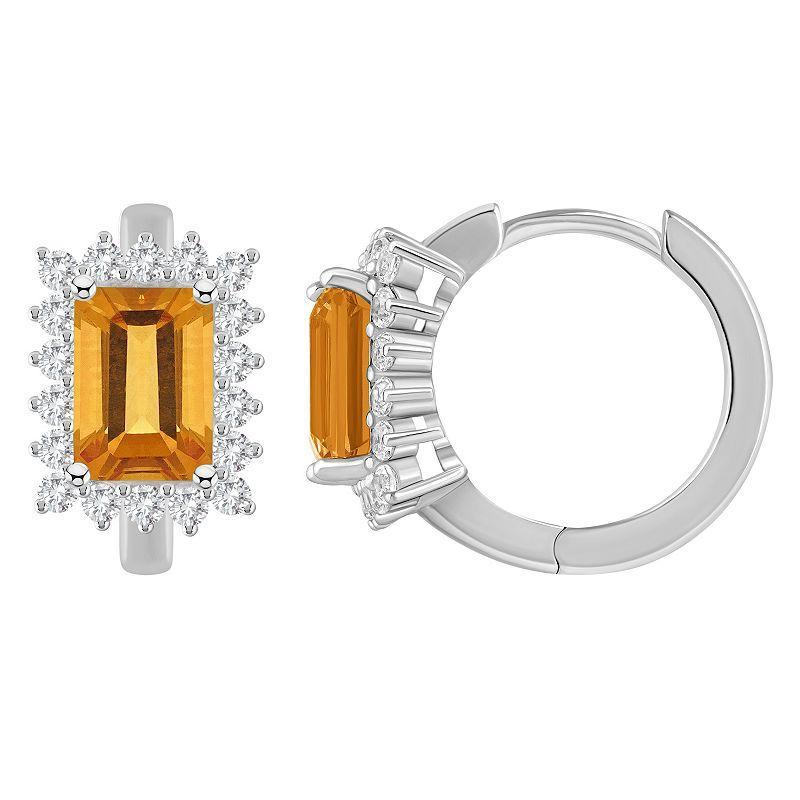 Celebration Gems Sterling Silver Emerald Cut Gemstone & White Topaz Halo Huggie Hoop Earrings, Women's, Blue Topaz Product Image