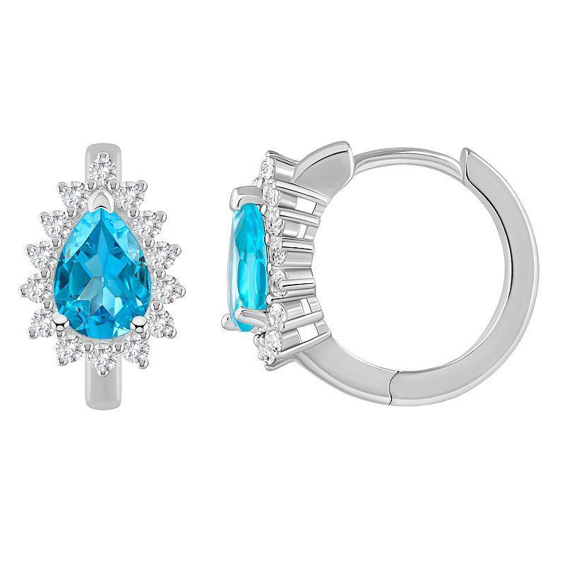 Celebration Gems Sterling Silver Pear Shape Gemstone & White Topaz Halo Huggie Hoop Earrings, Women's, Blue Topaz Product Image