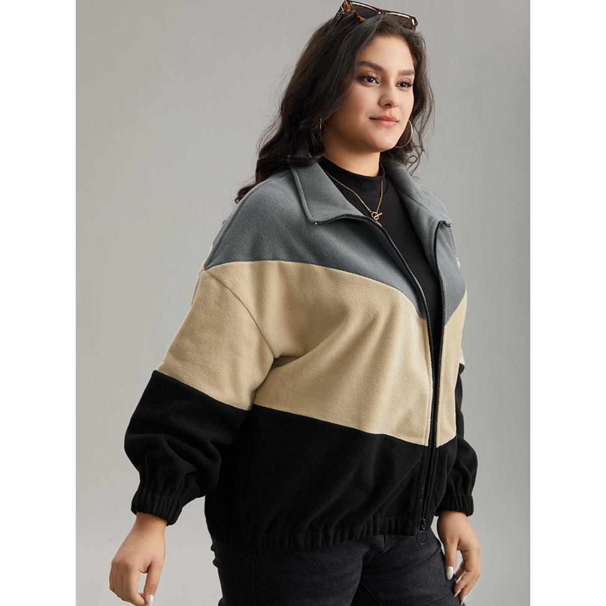 Plus Size Colorblock Contrast Zipper Drop Shoulder Jacket Women Gray Elastic cuffs Dailywear Jackets BloomChic 10/M Product Image