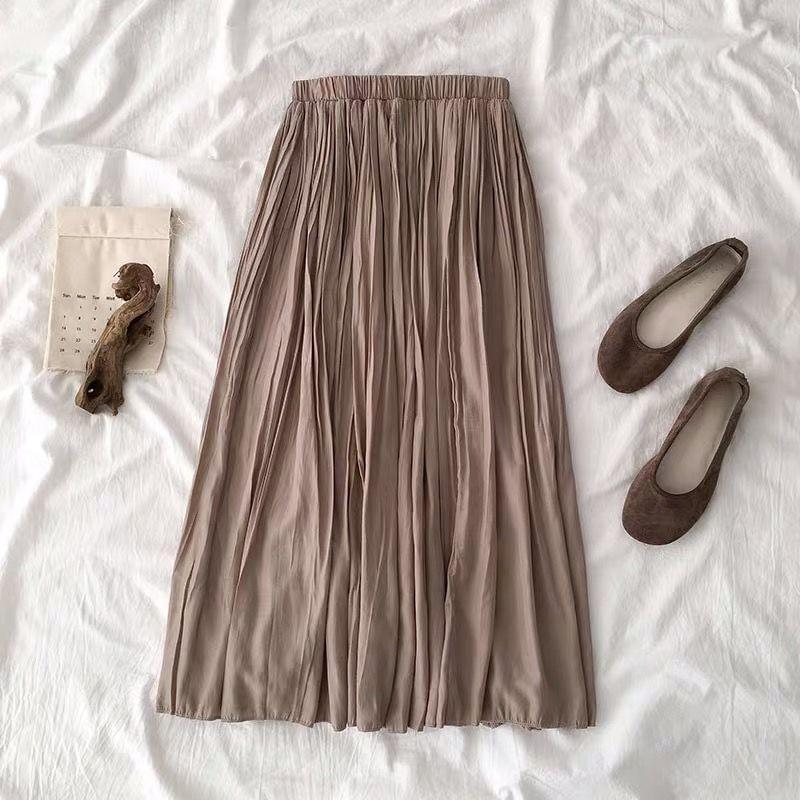 High Waist Plain Crinkle Midi A-Line Skirt Product Image