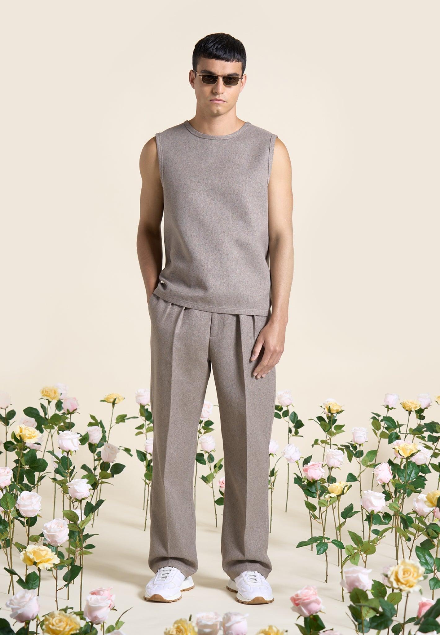 Relaxed Fit Textured Pleated Tailored Trousers - Taupe Male Product Image