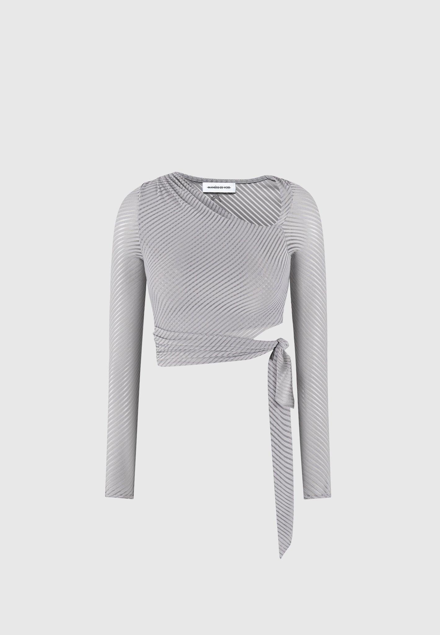 Ribbed Sheer Top with Tie - Grey Female Product Image