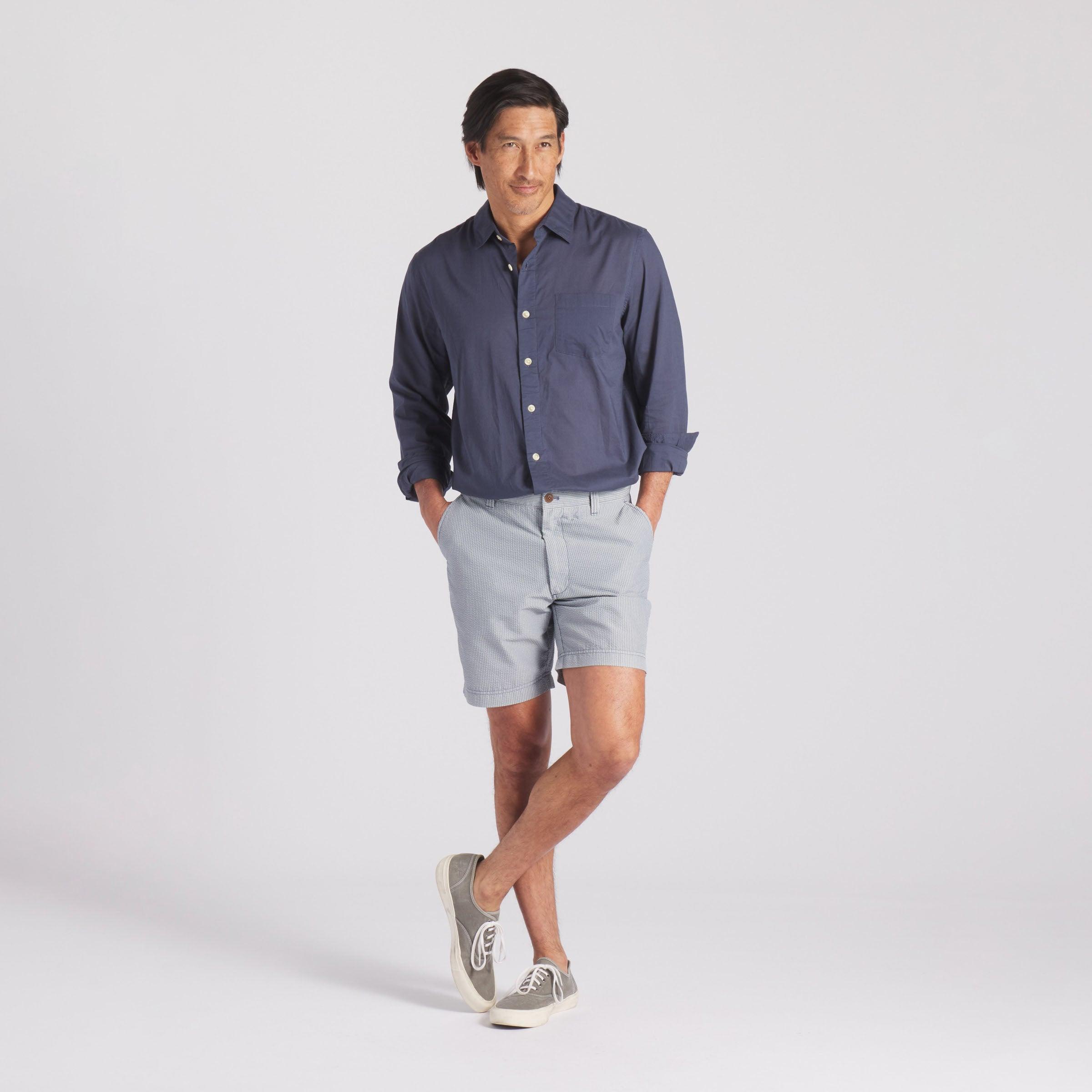 Seersucker Drawcord Shorts - Navy Stripe * Product Image