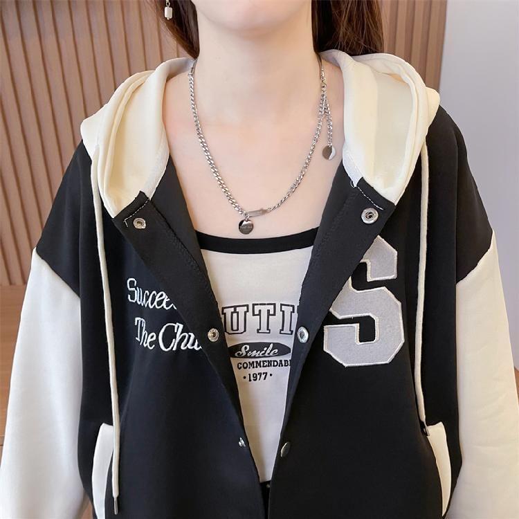 Lettering Embroidered Hooded Button-Up Baseball Jacket Product Image