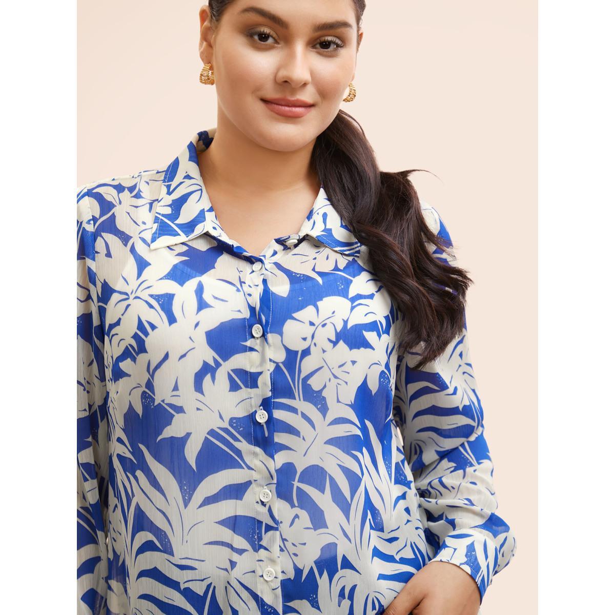 Plus Size Brightblue Silhouette Floral Print Shirt Collar Blouse Women Work From Home Long Sleeve Shirt collar Work Blouses BloomChic 30/6X Product Image