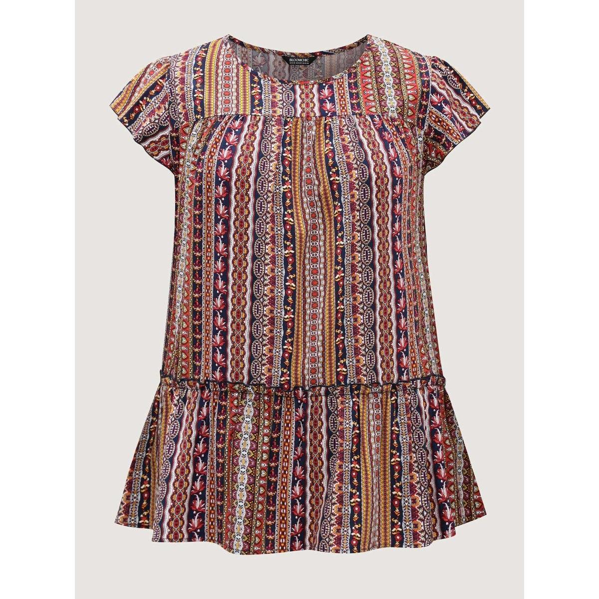 Plus Size Midnight Boho Stripes Tiered Ruffle Blouse Women Cap Sleeve Round Neck Vacation Blouses BloomChic 18-20/2X Product Image