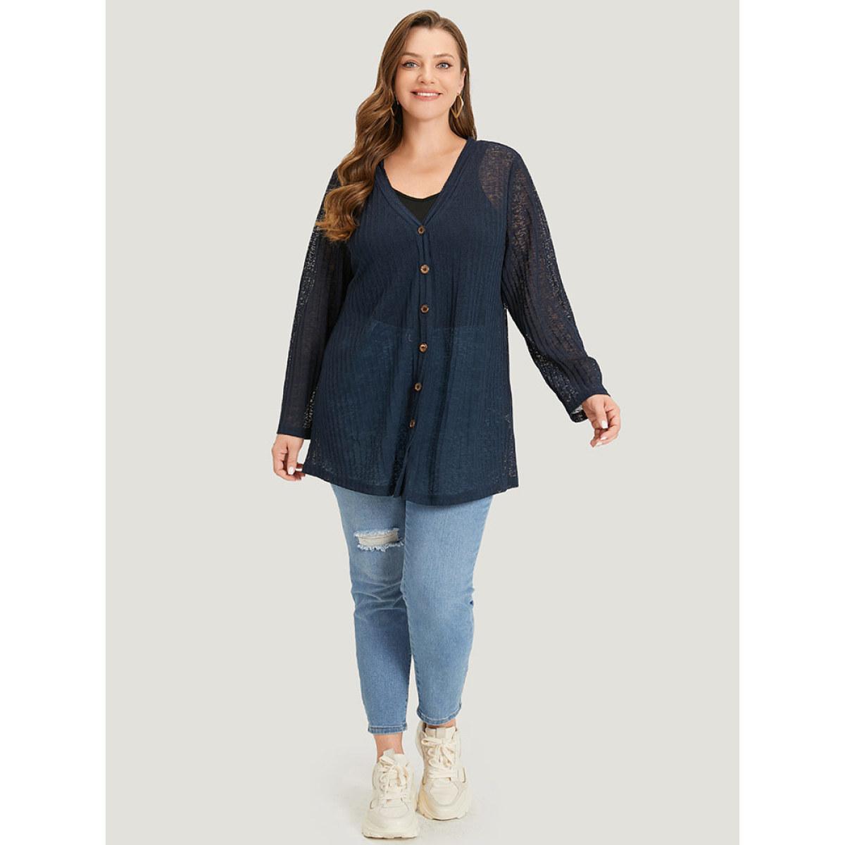 Plus Size Solid Rib Knit Button Through Mesh Kimono Women DarkBlue Casual See through Dailywear Kimonos BloomChic 18-20/2X Product Image