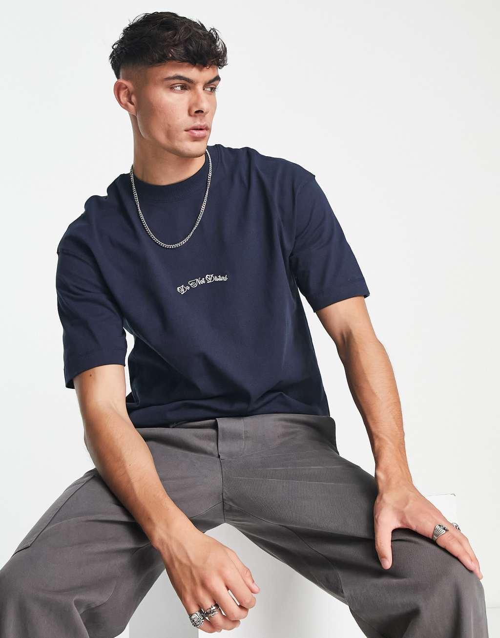 Jack & Jones Originals oversized t-shirt with script back print in navy  Product Image