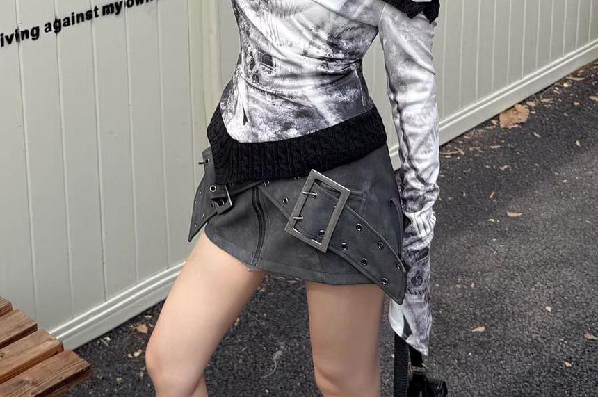 Long-Sleeve Off-Shoulder Print Asymmetrical Cable Knit Panel Slim Fit Top Product Image
