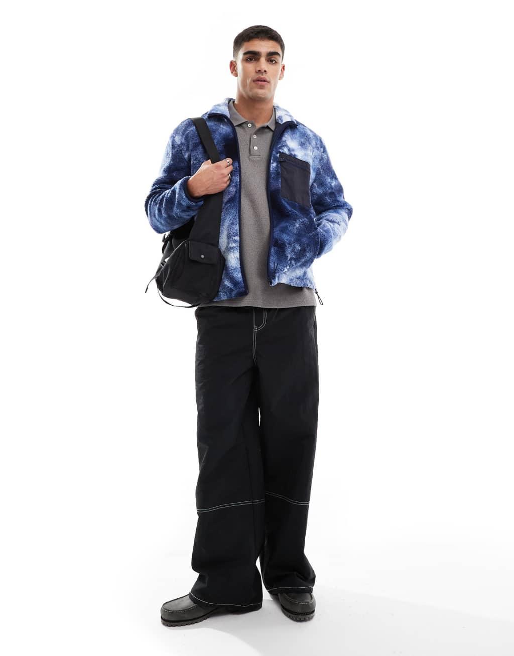 ONLY & SONS zip up sherpa fleece with chest pocket in blue print Product Image