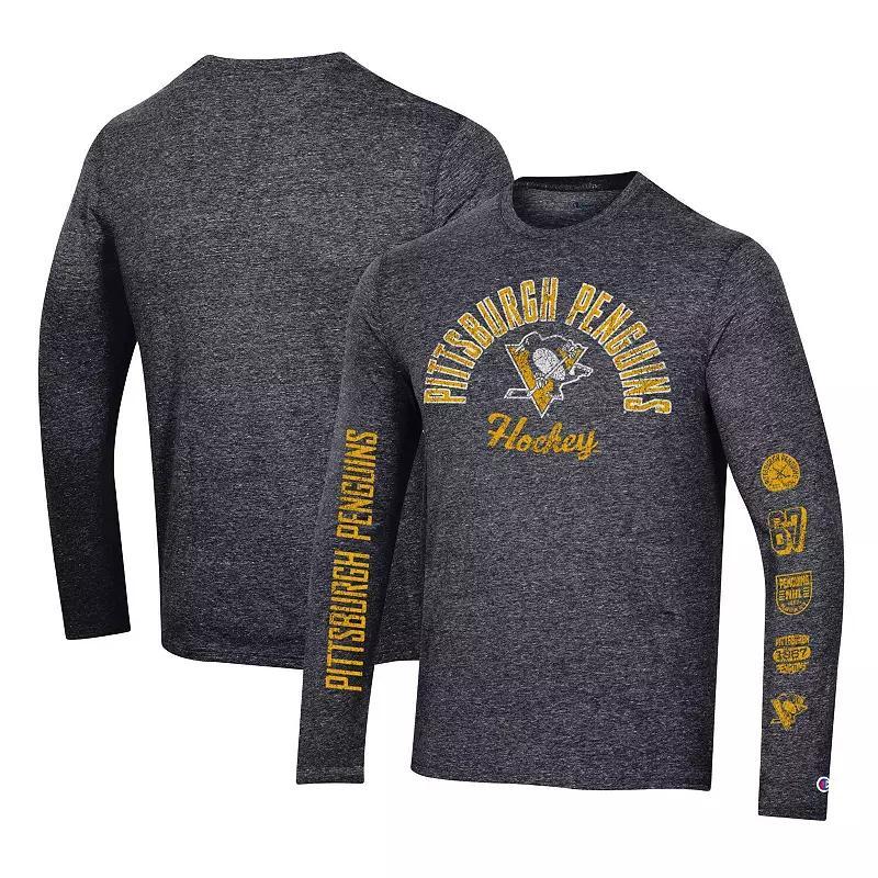 Mens Champion Heather Black Pittsburgh Penguins Multi-Logo Tri-Blend Long Sleeve T-Shirt Product Image