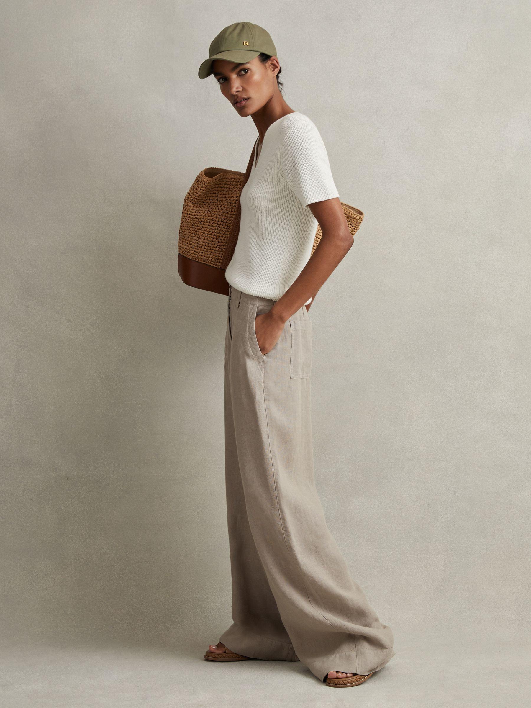 Linen Wide Leg Garment Dyed Trousers in Light Khaki Product Image