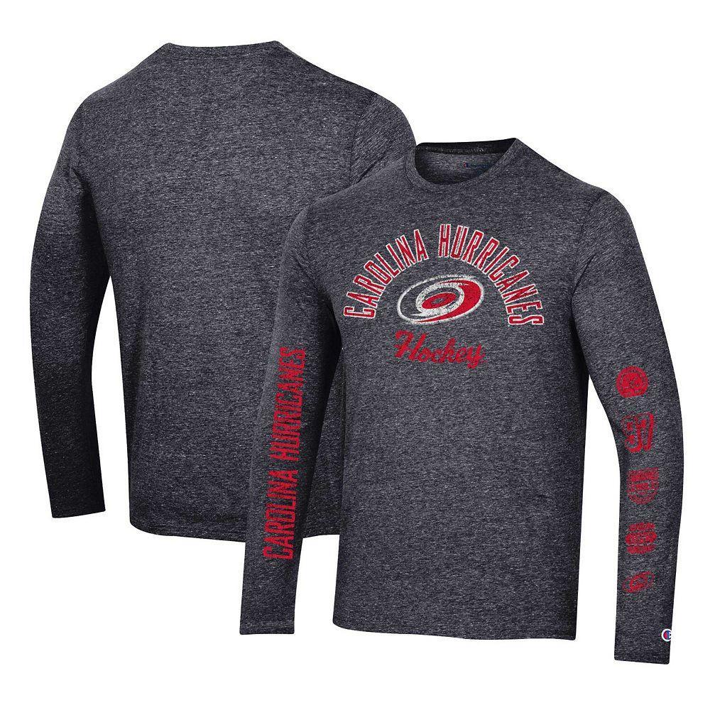 Men's Champion Heather Black Carolina Hurricanes Multi-Logo Tri-Blend Long Sleeve T-Shirt, Size: Small, Charco Product Image