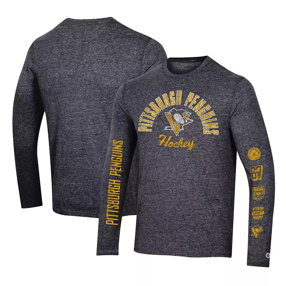 Men's Champion Heather Black New Jersey Devils Multi-Logo Tri-Blend Long Sleeve T-Shirt, Size: 2XL, Nhl Charco Product Image