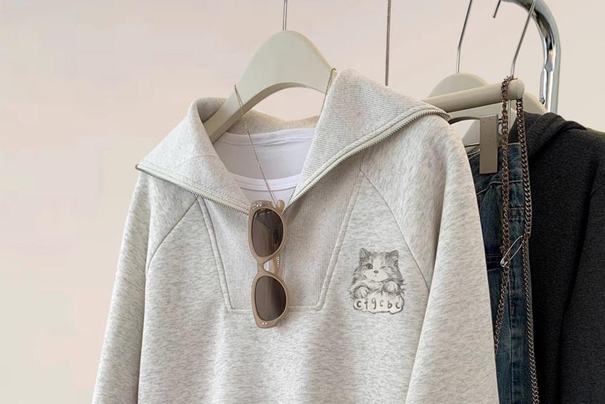 Stand Collar Cat Print Half-Zip Sweatshirt Product Image