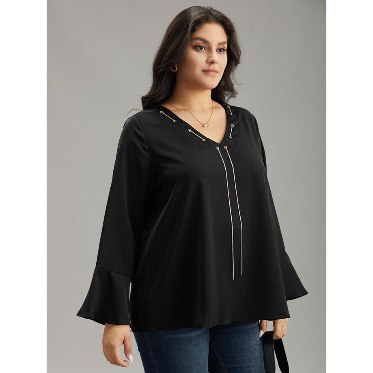 Plus Size Black Contrast Chain Bell Sleeve Eyelet Blouse Women Office Long Sleeve V-neck Work Blouses BloomChic 22-24/3X Product Image