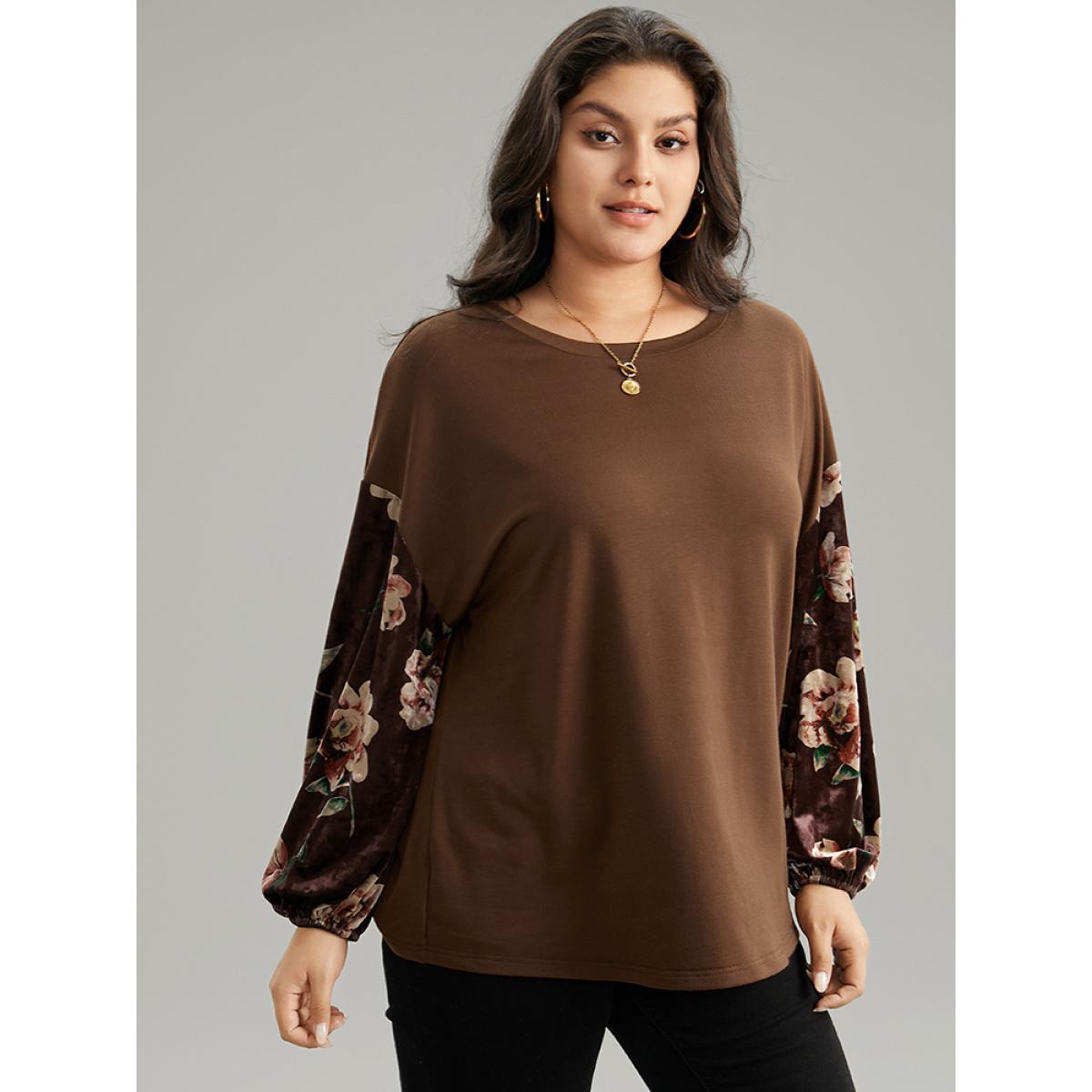 Plus Size Velvet Floral Print Patchwork Contrast Sweatshirt Women DarkBrown Casual Velvet Round Neck Dailywear Sweatshirts BloomChic 26/4X Product Image