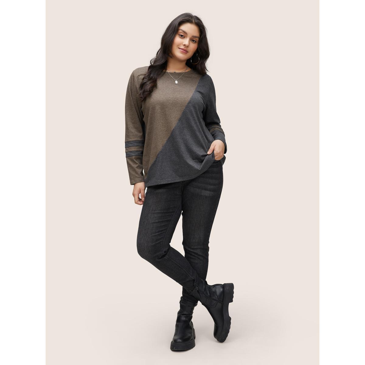 Plus Size Two Tone Contrast Round Neck T-shirt Multicolor Women Casual Contrast Plain Round Neck Everyday T-shirts BloomChic 28/5X Product Image