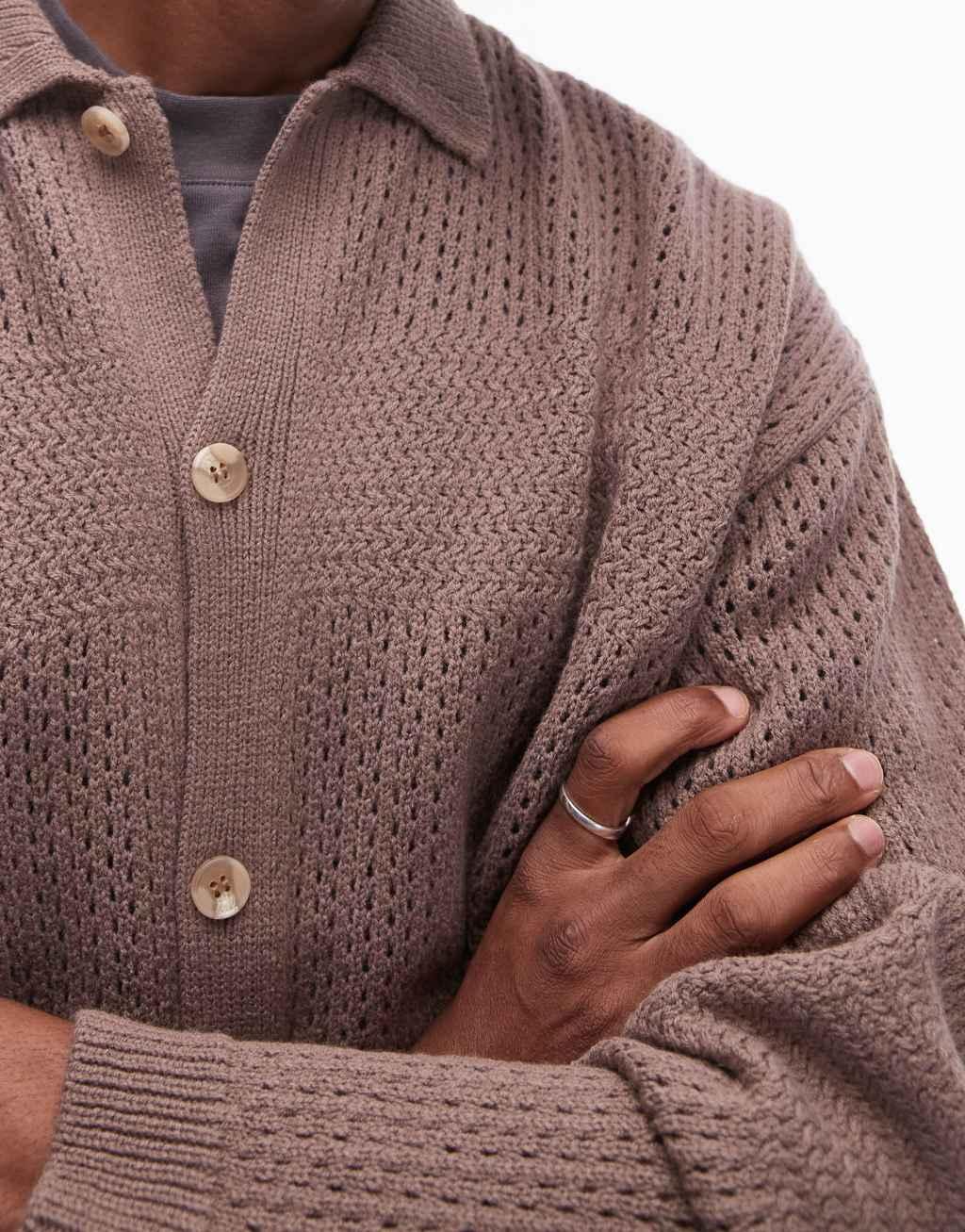 Topman revere collar long sleeve polo in brown Product Image