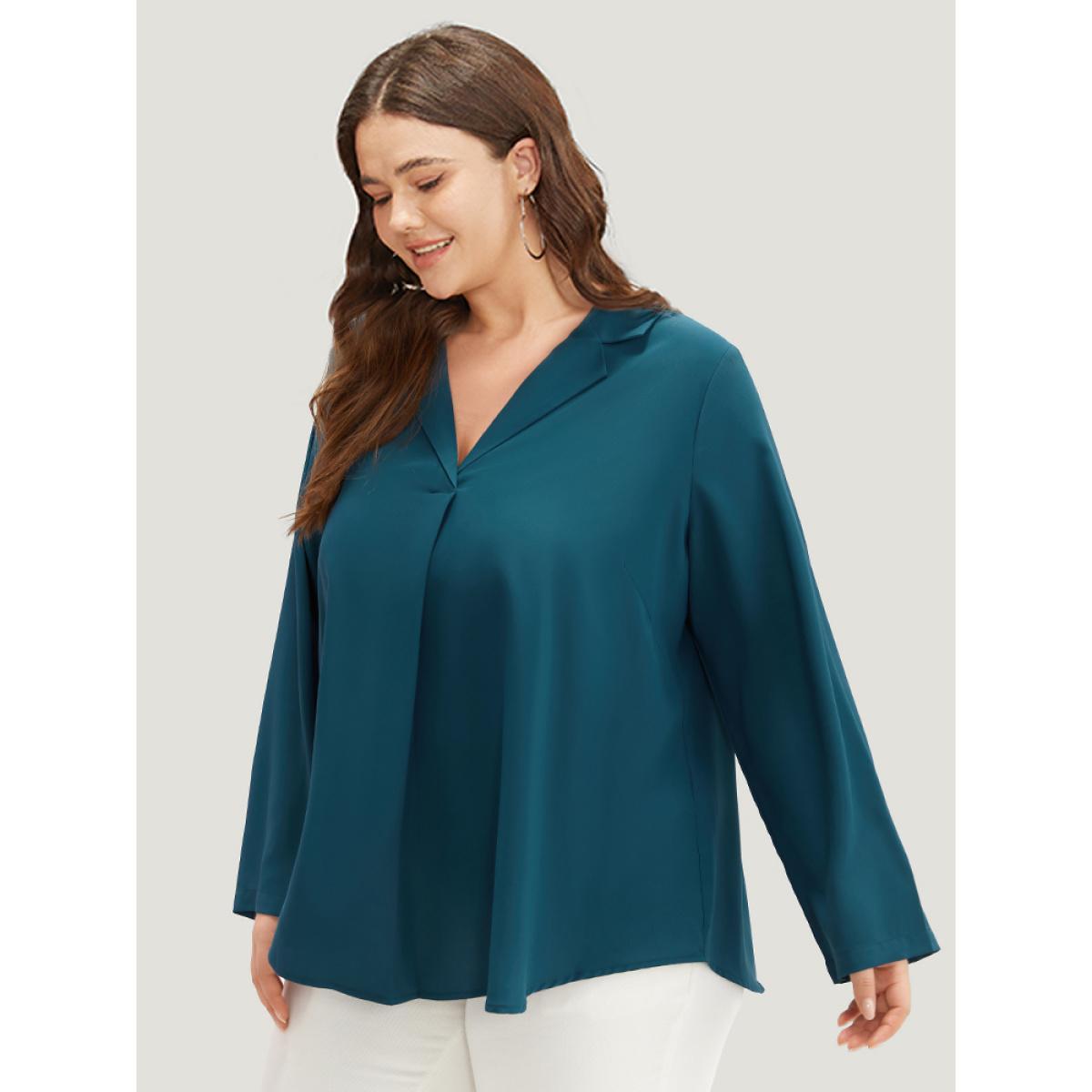 Plus Size Aegean Solid Shirt Collar Plicated Detail Blouse Women Office Long Sleeve Shirt collar Work Blouses BloomChic 30/6X Product Image