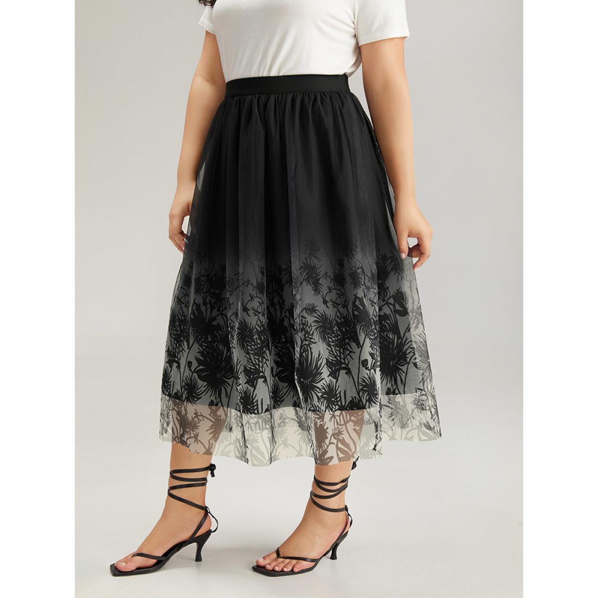 Plus Size Silhouette Floral Print Ombre Mesh Skirt Women Black Glamour Lined No stretch Going out Skirts BloomChic 18-20/2X Product Image