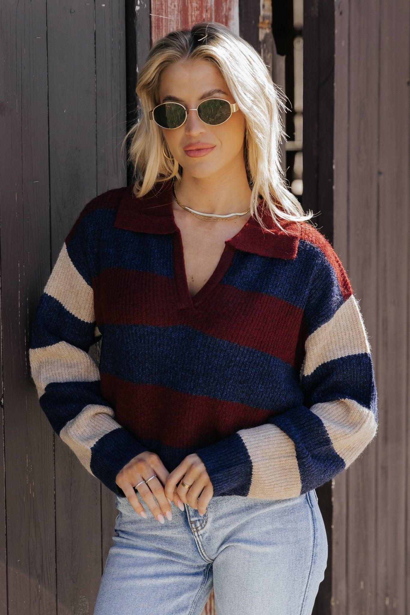 Burgundy Multi Striped Pullover Sweater - FINAL SALE Product Image