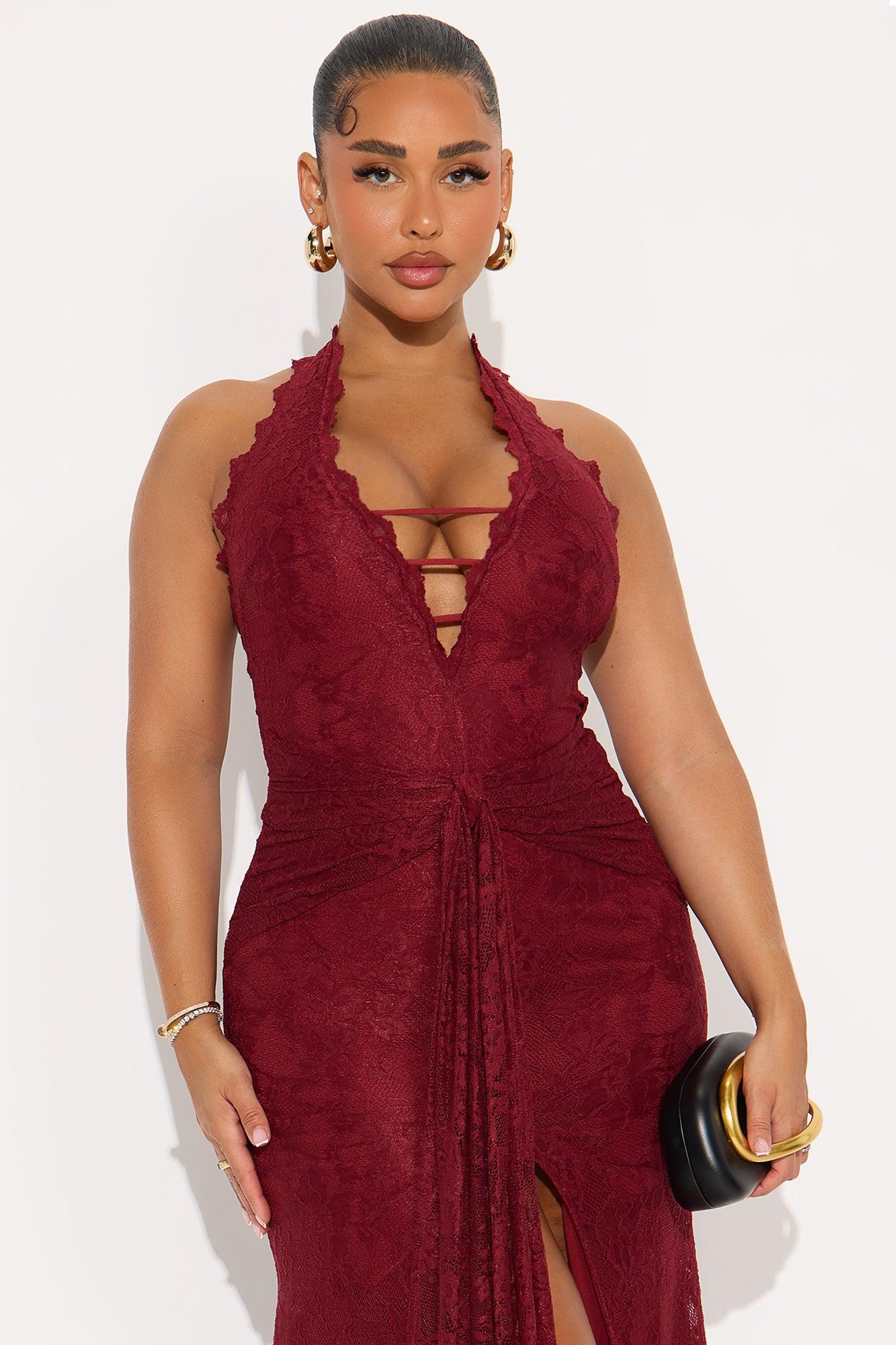 Lace Love Halter Maxi Dress - Burgundy Product Image