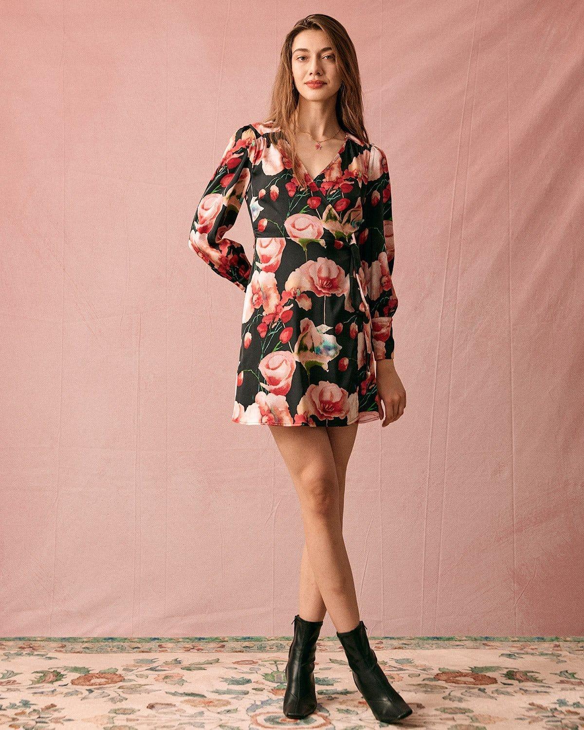 The V Neck Long Sleeve Floral Wrap Mini Dress Product Image