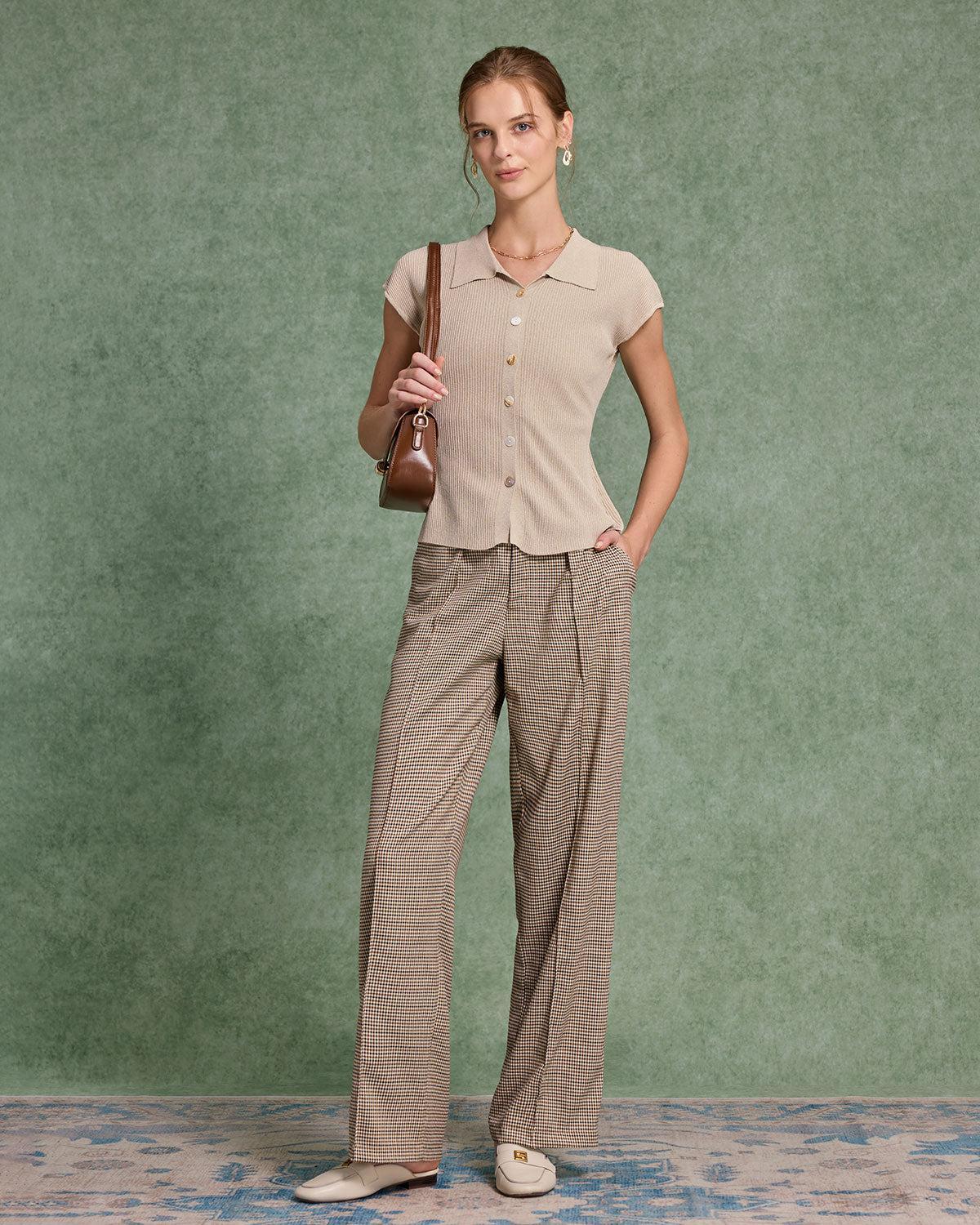 Beige Cap Sleeve Button Knit Tee Product Image