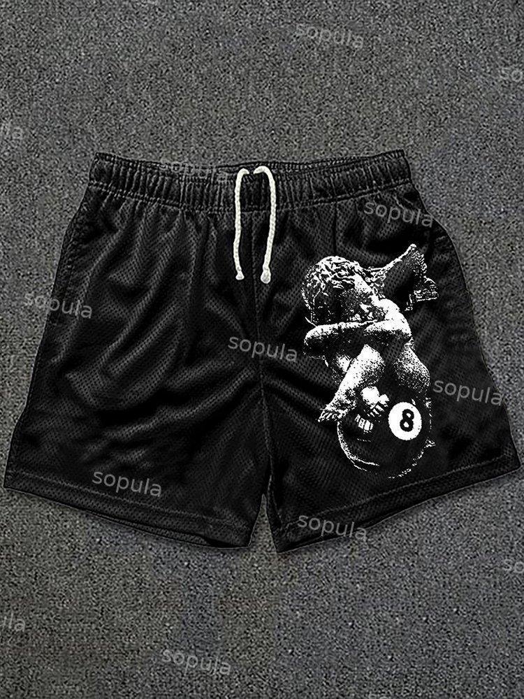 Angel Print No 8 Drawstring Mesh Casual Shorts Product Image