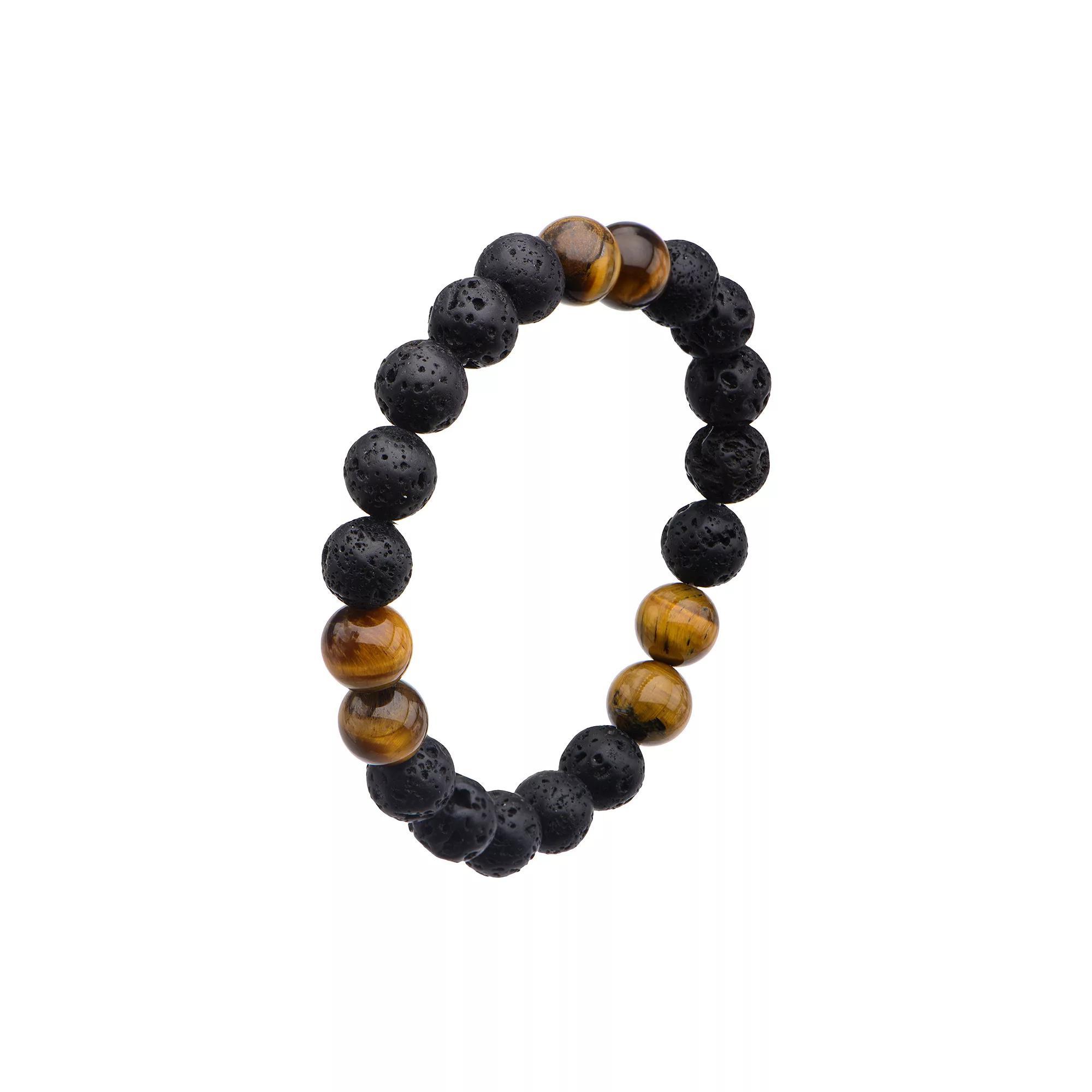 Men's Lava Stone & Brown Tiger Eye Beaded Bracelet, Size: 8.5", Stainless Product Image