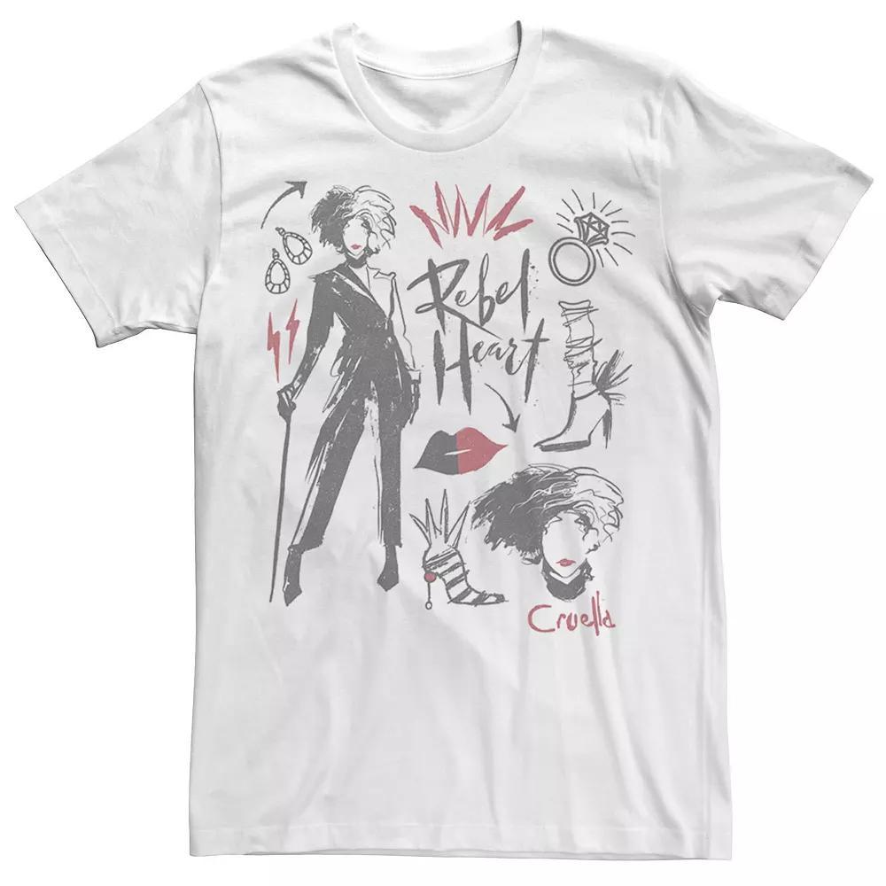 Disney's Cruella De Vil Men's Rebel Heart Collage Sketches Tee, Size: XL, White Product Image