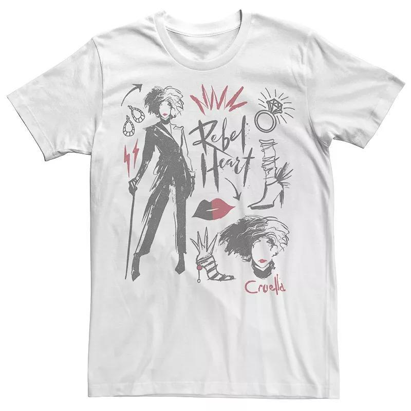 Disney's Cruella De Vil Men's Rebel Heart Collage Sketches Tee, Size: XL, White Product Image