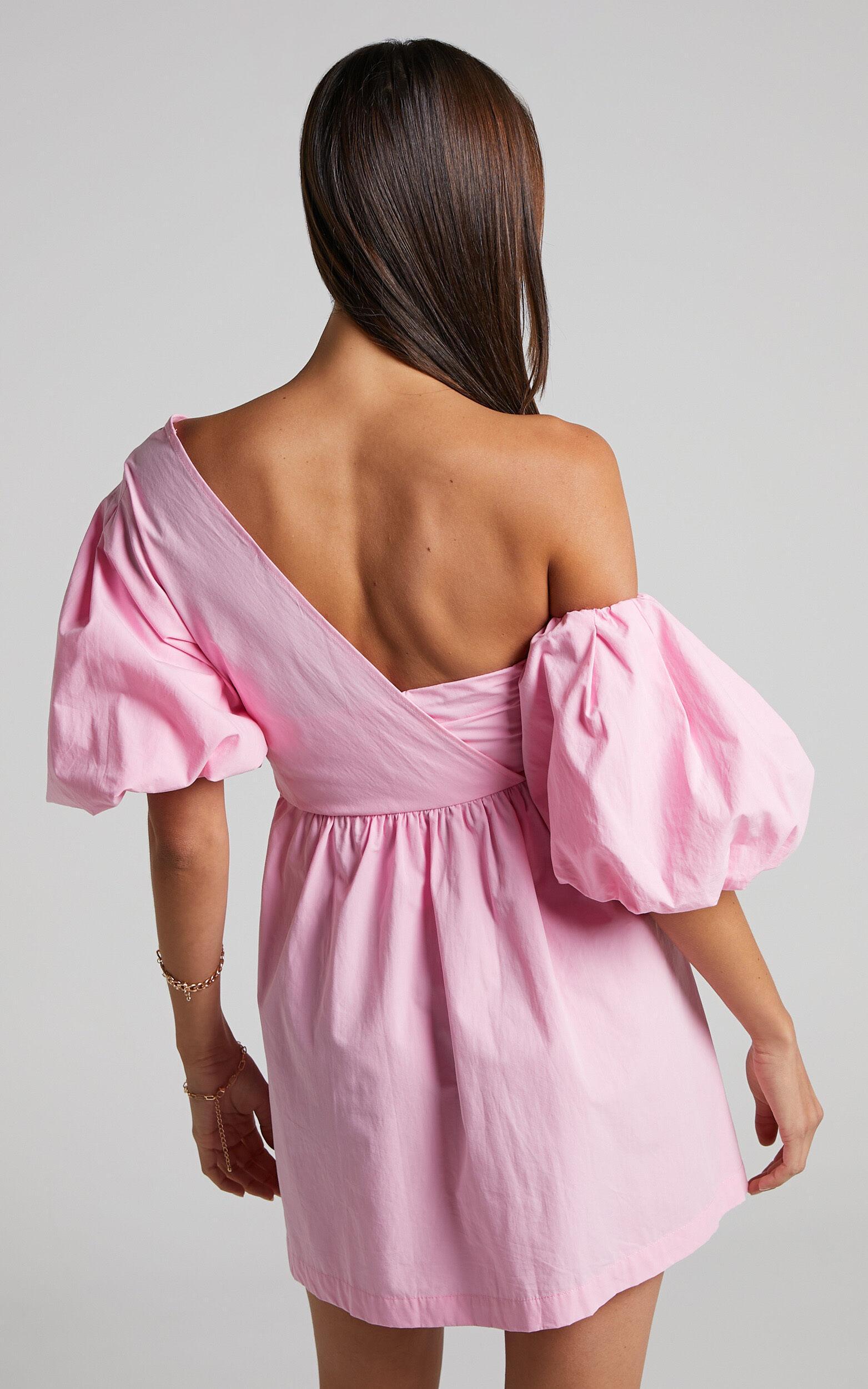 Sula Mini Dress - Asymmetric Off One Shoulder Puff Sleeve Dress in Pink Product Image